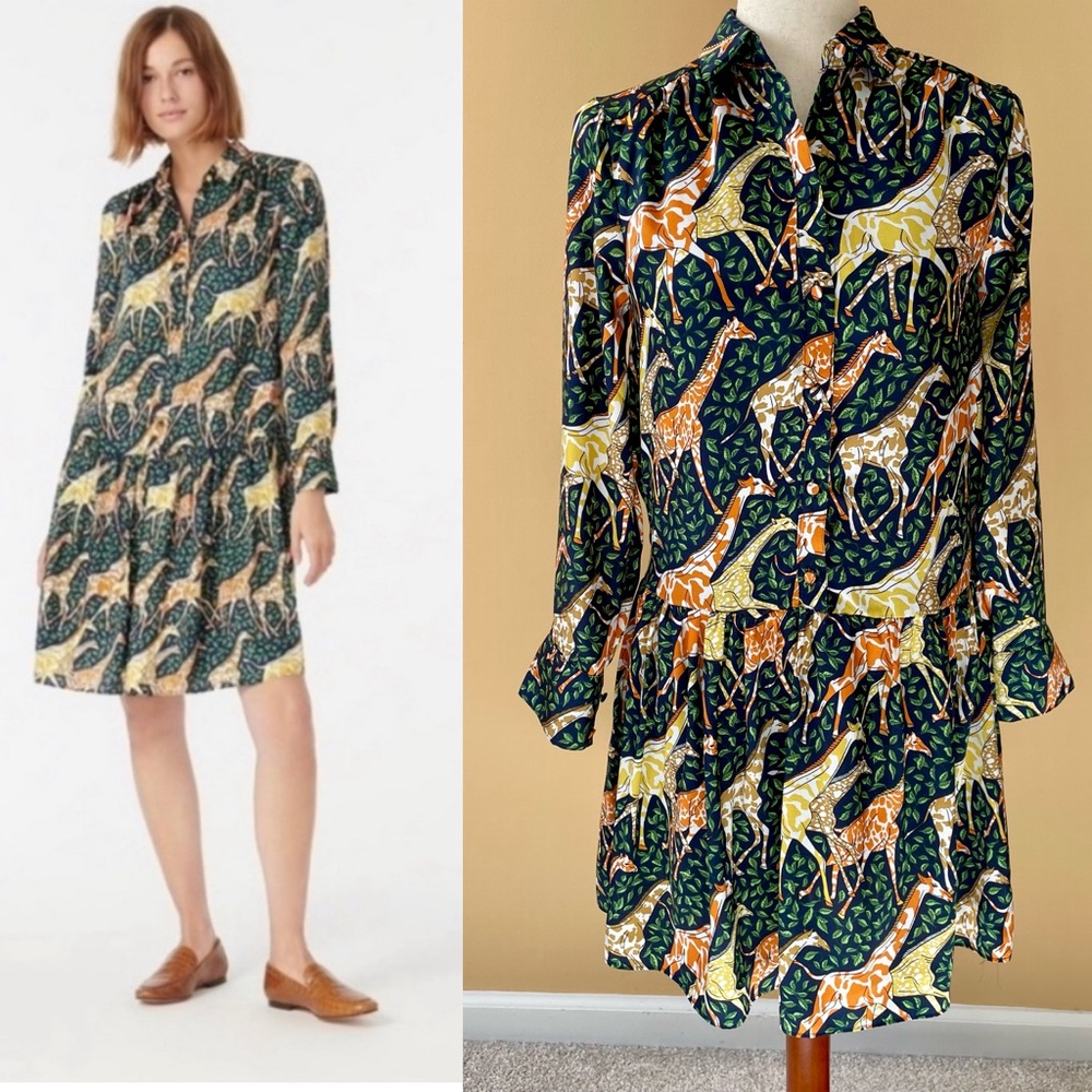 Giraffe Print Shirt Dress - Navy/Green